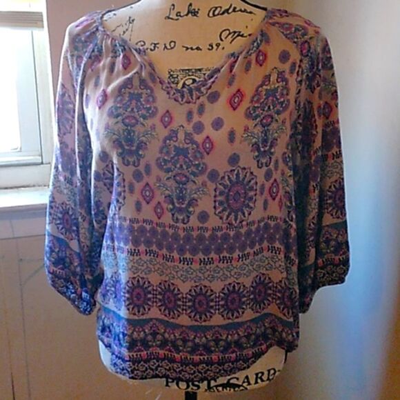 VERSE 3/4 SLEEVE BOHO MULTICOLOR PAISLEY PRINTED V-NECK BLOUSE 100% RAYON SMALL - Picture 1 of 5